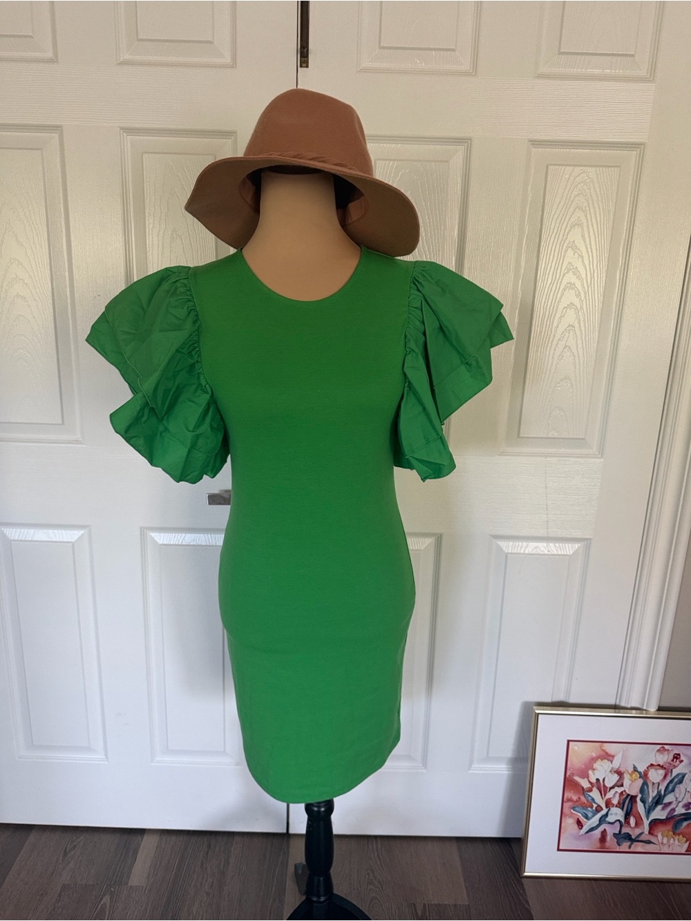 Zara Kelly Green Ruffle Sleeve Sheath Dress